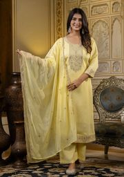 Elegant Yellow Cotton Kurti Pant Dupatta Set - Yellow