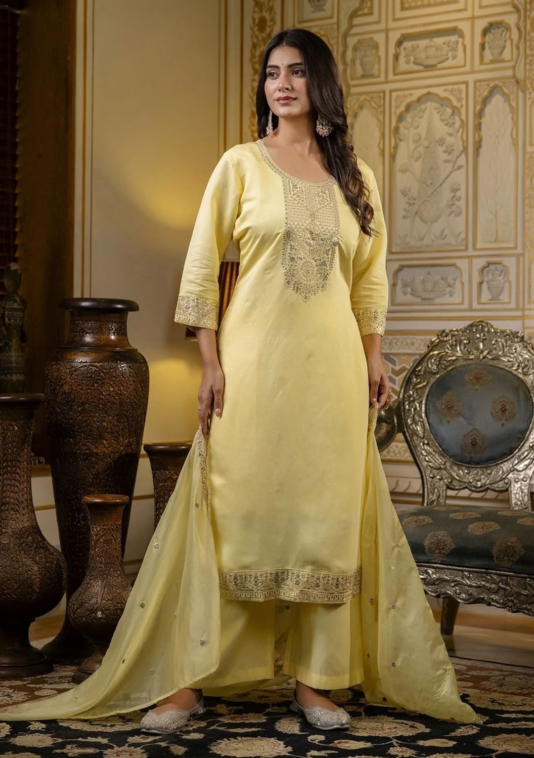 Elegant Yellow Cotton Kurti Pant Dupatta Set