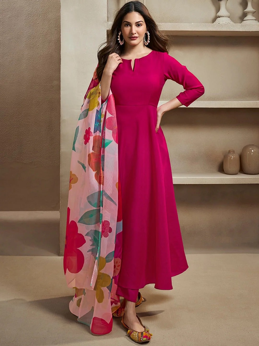 Elegant Rani Pink Ethnic Kurti Set with Organza Dupatta