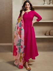 Elegant Rani Pink Ethnic Kurti Set with Organza Dupatta - Pink