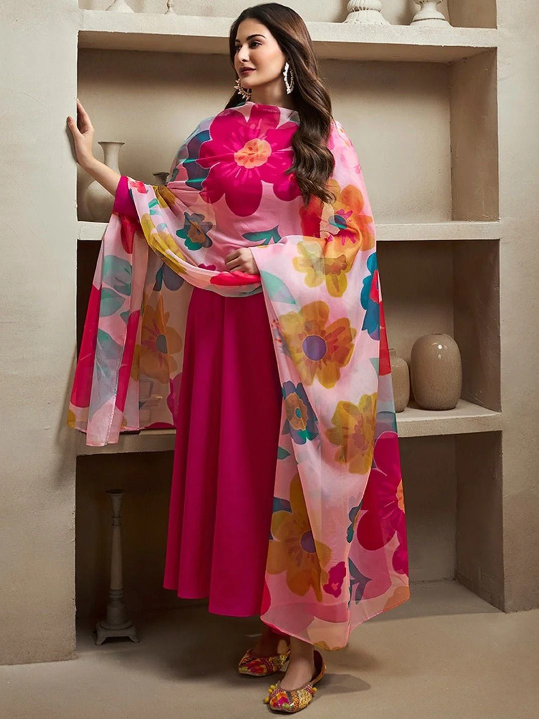 Elegant Rani Pink Ethnic Kurti Set with Organza Dupatta