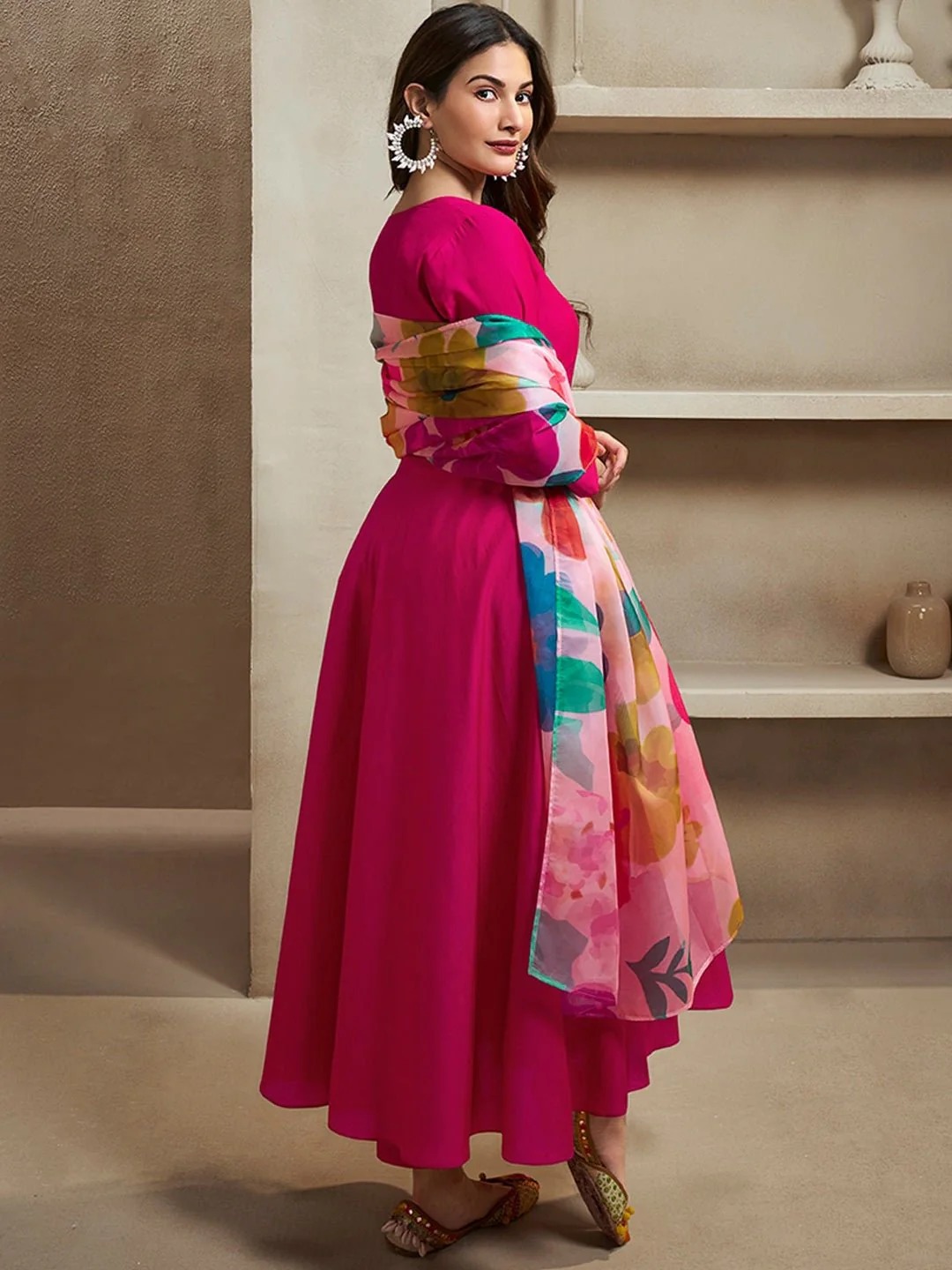 Elegant Rani Pink Ethnic Kurti Set with Organza Dupatta