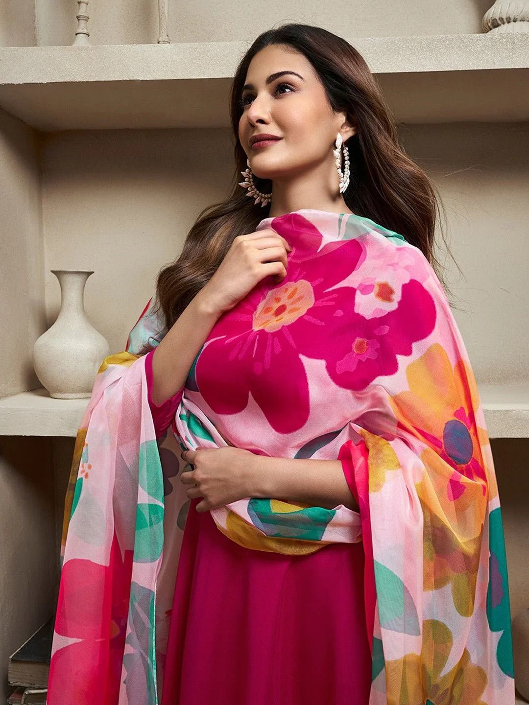 Elegant Rani Pink Ethnic Kurti Set with Organza Dupatta
