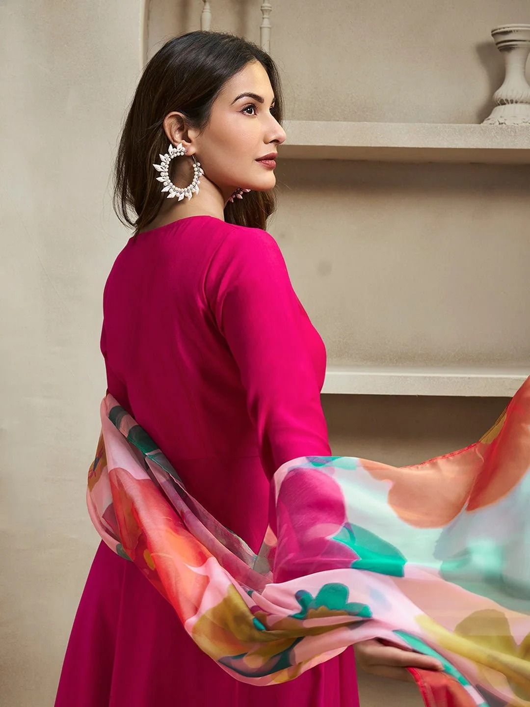 Elegant Rani Pink Ethnic Kurti Set with Organza Dupatta
