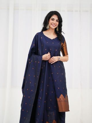 Royal Navy Silk Kurti Pant Set with Zari Dupatta