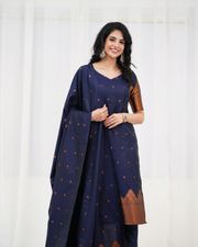 Royal Navy Silk Kurti Pant Set with Zari Dupatta - Blue