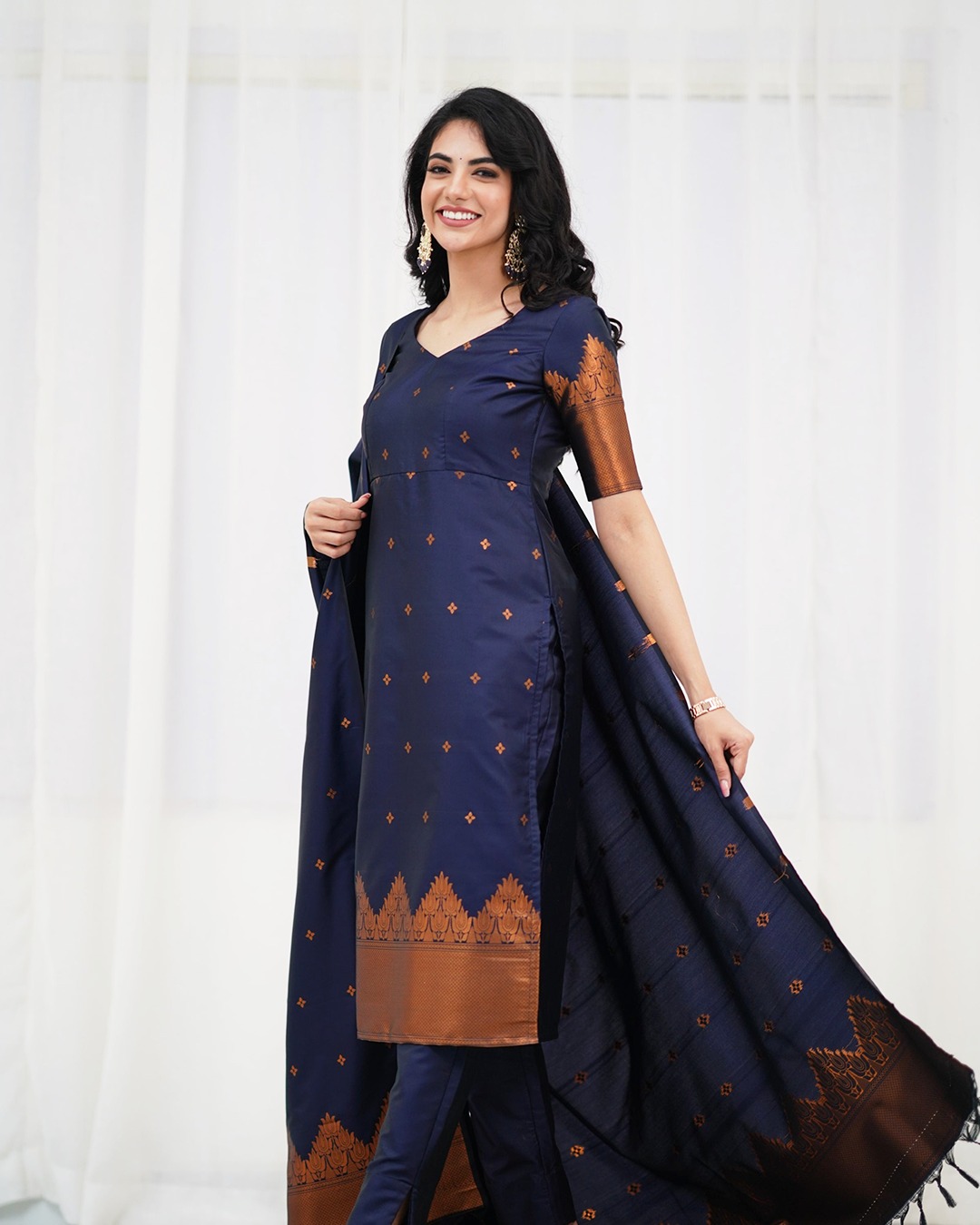 Royal Navy Silk Kurti Pant Set with Zari Dupatta