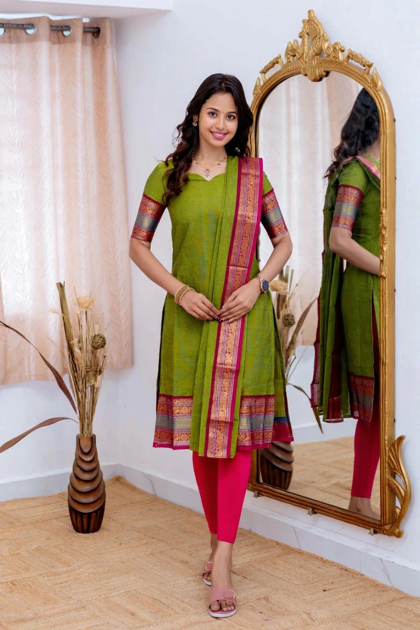 Graceful Parrot Green Straight Kurti Dupatta Set