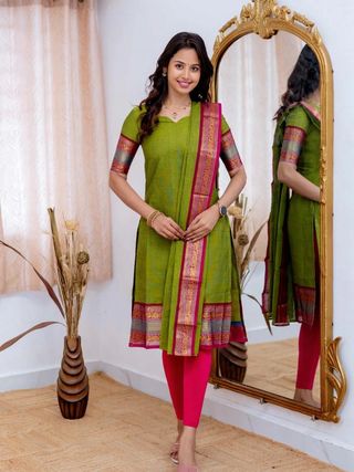 Graceful Parrot Green Straight Kurti Dupatta Set