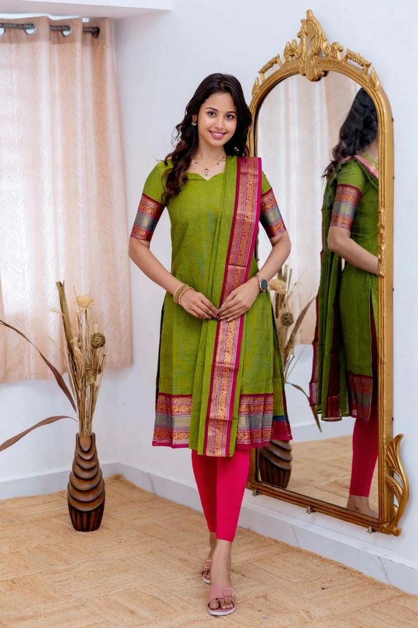 Graceful Parrot Green Straight Kurti Dupatta Set