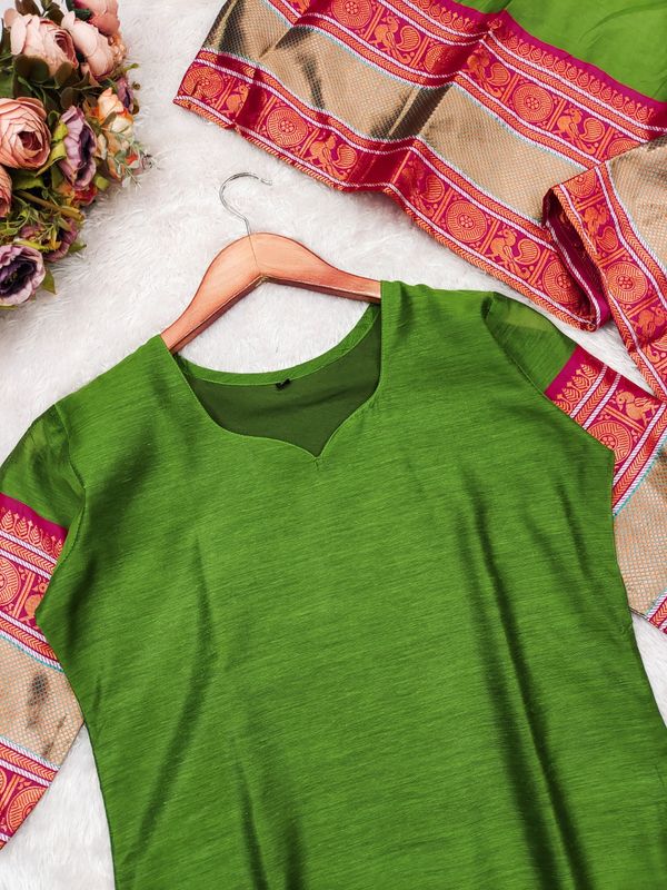 Graceful Parrot Green Straight Kurti Dupatta Set