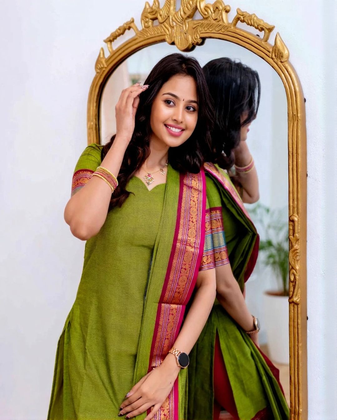 Graceful Parrot Green Straight Kurti Dupatta Set