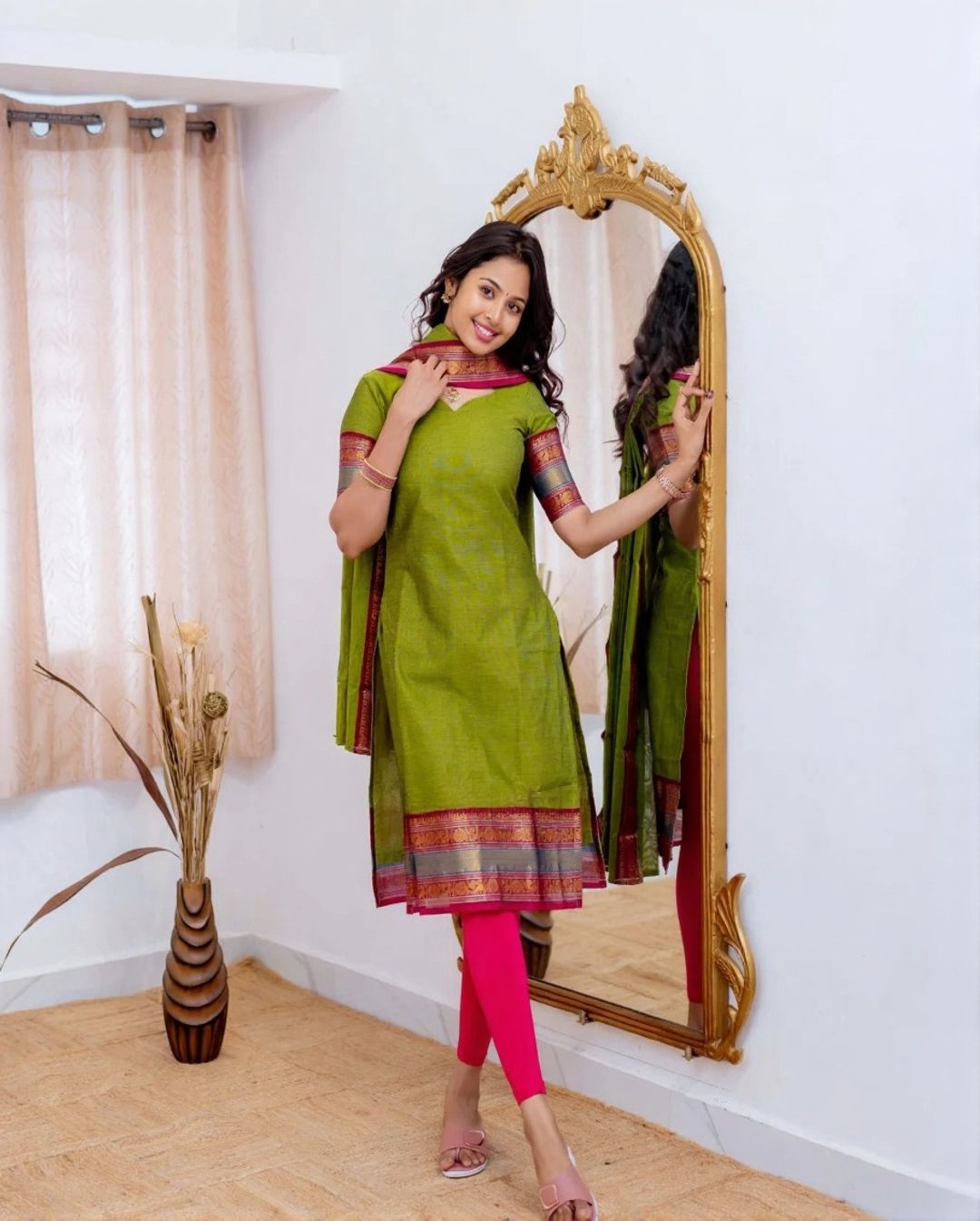 Graceful Parrot Green Straight Kurti Dupatta Set
