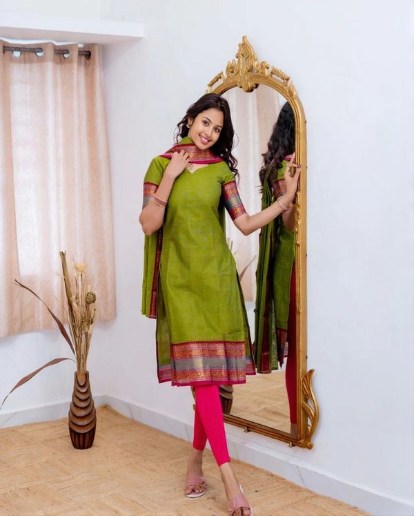 Graceful Parrot Green Straight Kurti Dupatta Set