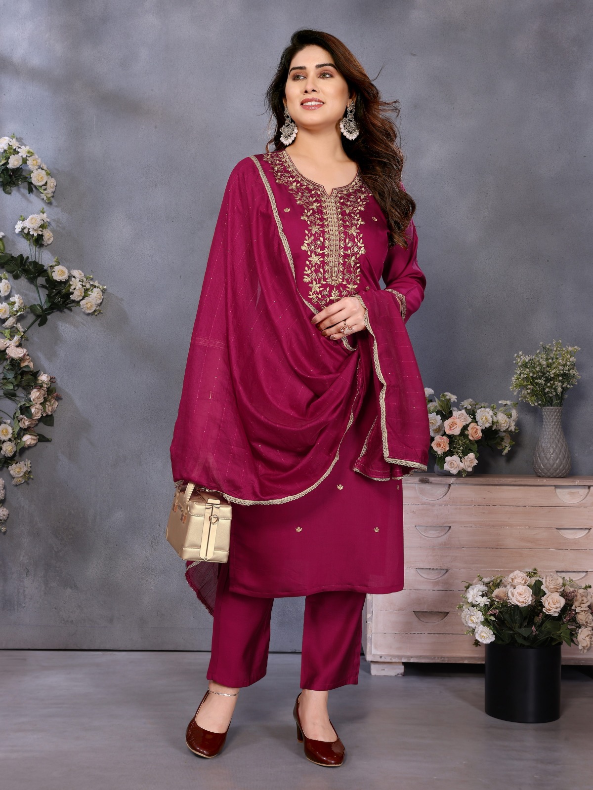 Elegant Wine Ethnic Kurti Set with Dupatta