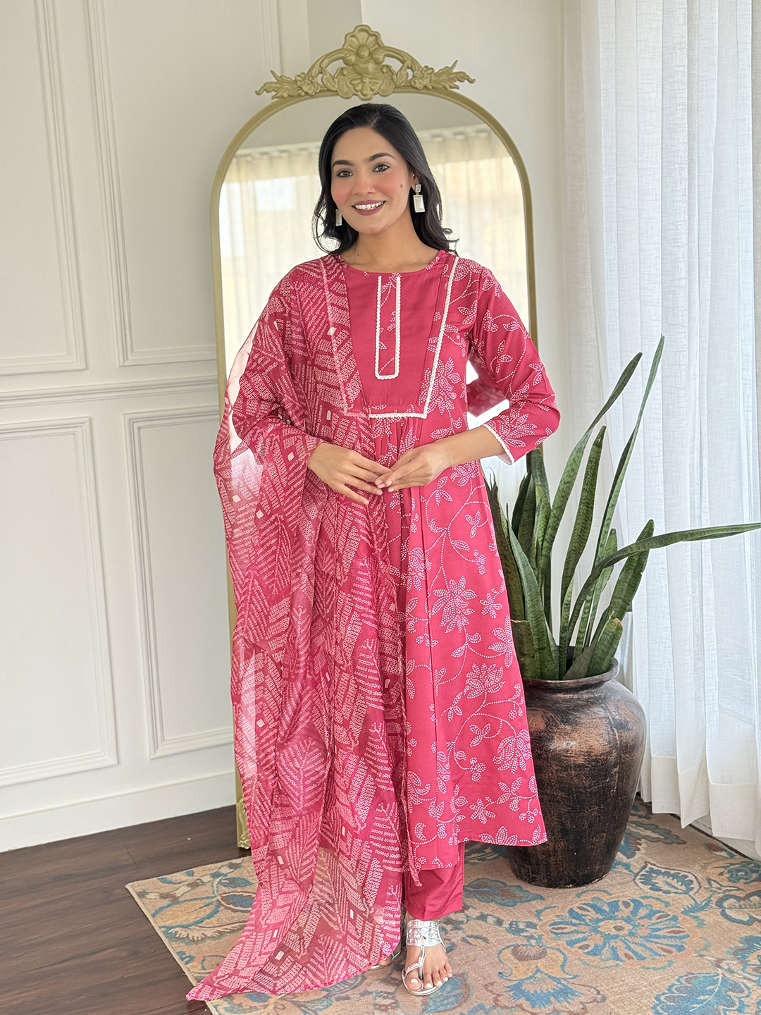 Rani Pink Embroidered Rayon Kurti Pant Dupatta Set