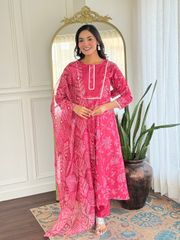 Rani Pink Embroidered Rayon Kurti Pant Dupatta Set - Pink