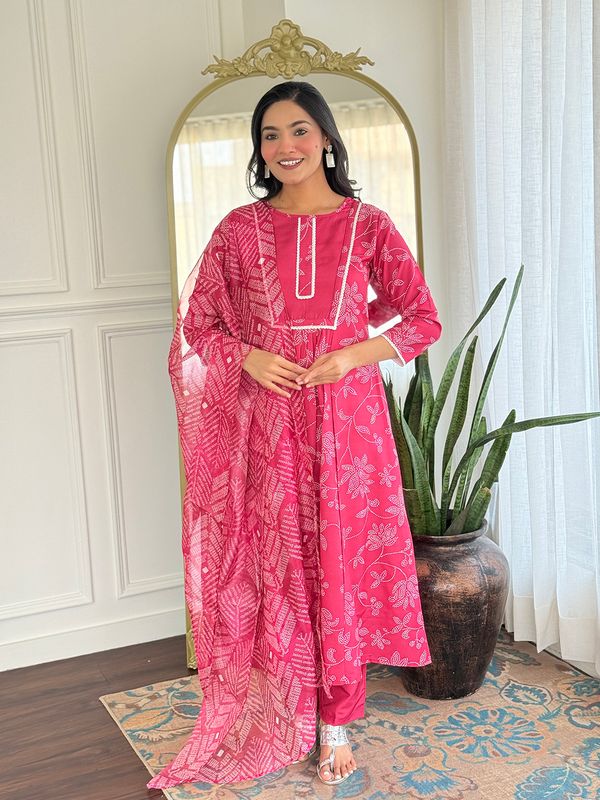 Rani Pink Embroidered Rayon Kurti Pant Dupatta Set