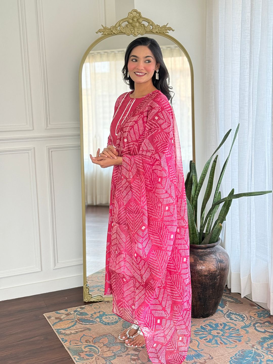 Rani Pink Embroidered Rayon Kurti Pant Dupatta Set