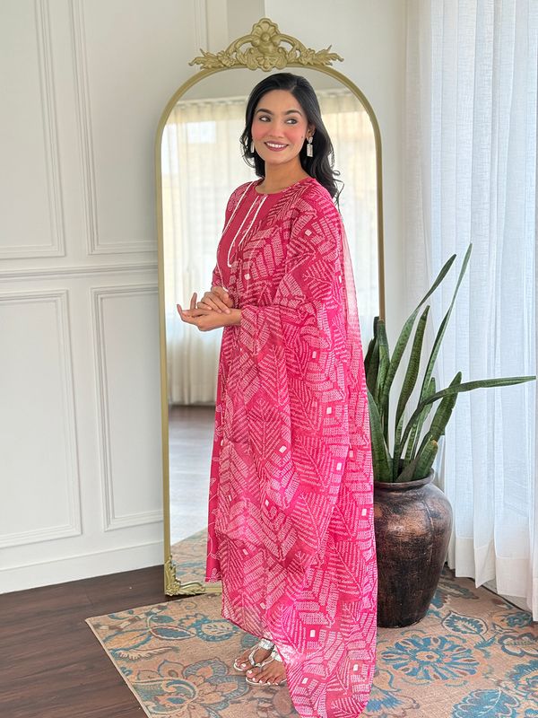 Rani Pink Embroidered Rayon Kurti Pant Dupatta Set