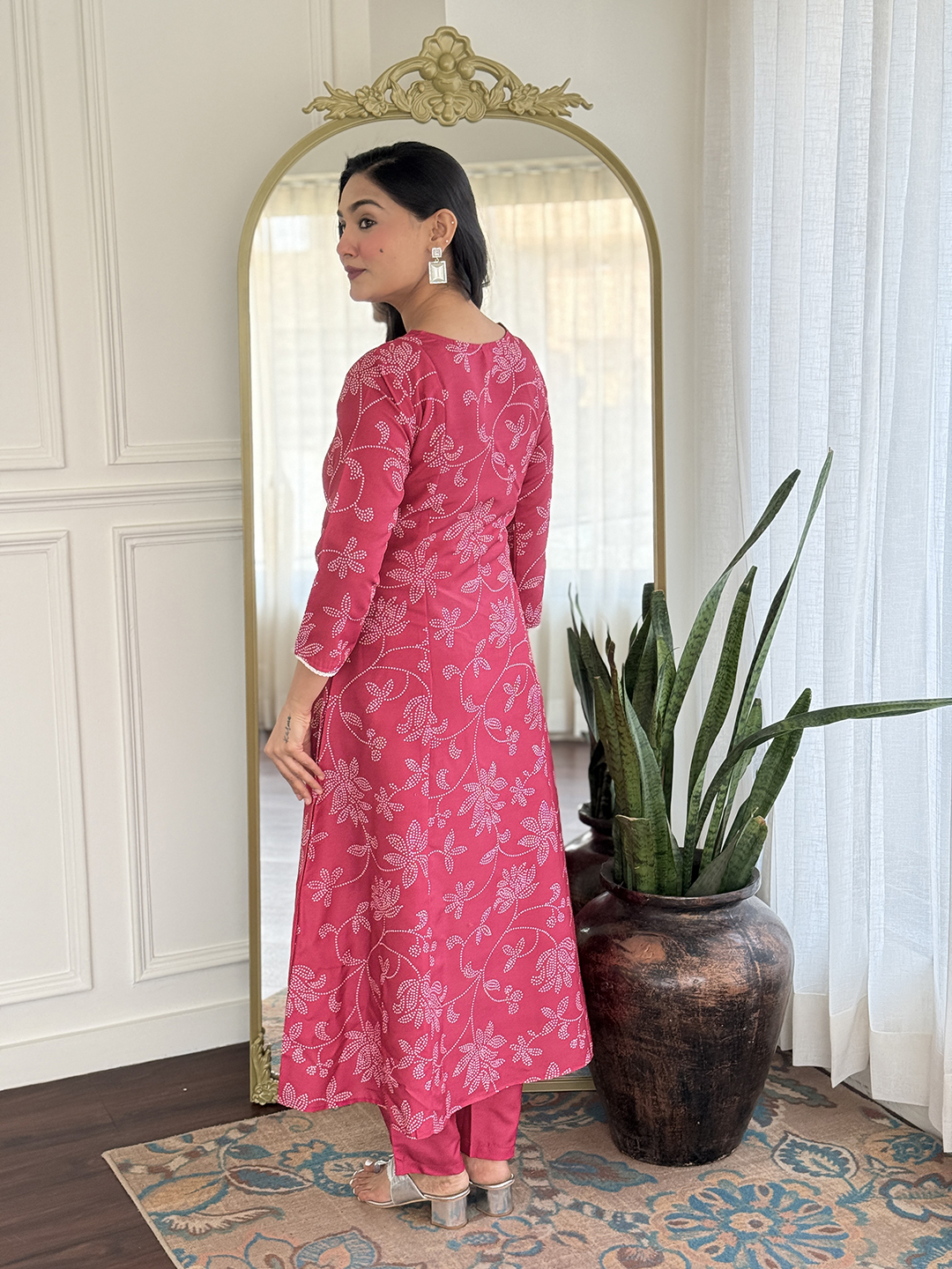 Rani Pink Embroidered Rayon Kurti Pant Dupatta Set
