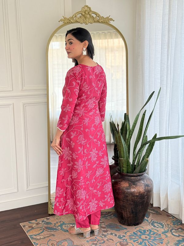 Rani Pink Embroidered Rayon Kurti Pant Dupatta Set