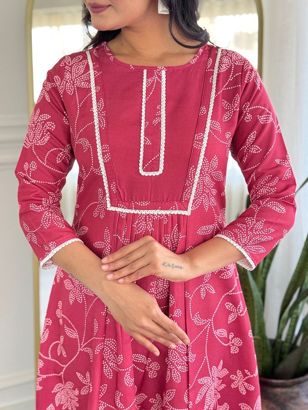 Rani Pink Embroidered Rayon Kurti Pant Dupatta Set