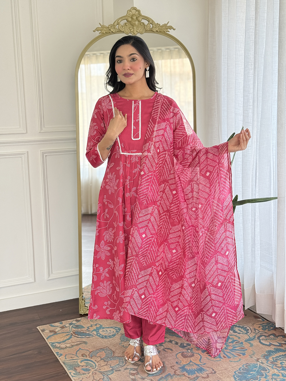 Rani Pink Embroidered Rayon Kurti Pant Dupatta Set