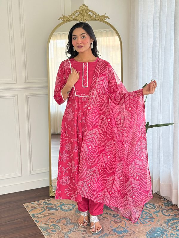 Rani Pink Embroidered Rayon Kurti Pant Dupatta Set