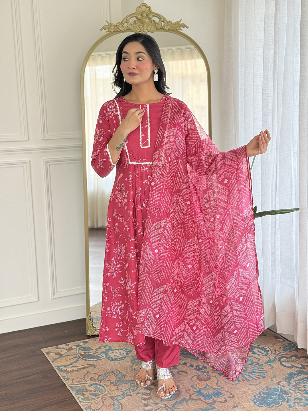 Rani Pink Embroidered Rayon Kurti Pant Dupatta Set