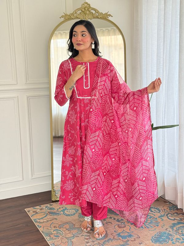Rani Pink Embroidered Rayon Kurti Pant Dupatta Set