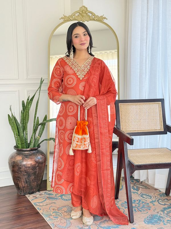 Rust Orange Embroidered Rayon Kurti Pant Dupatta