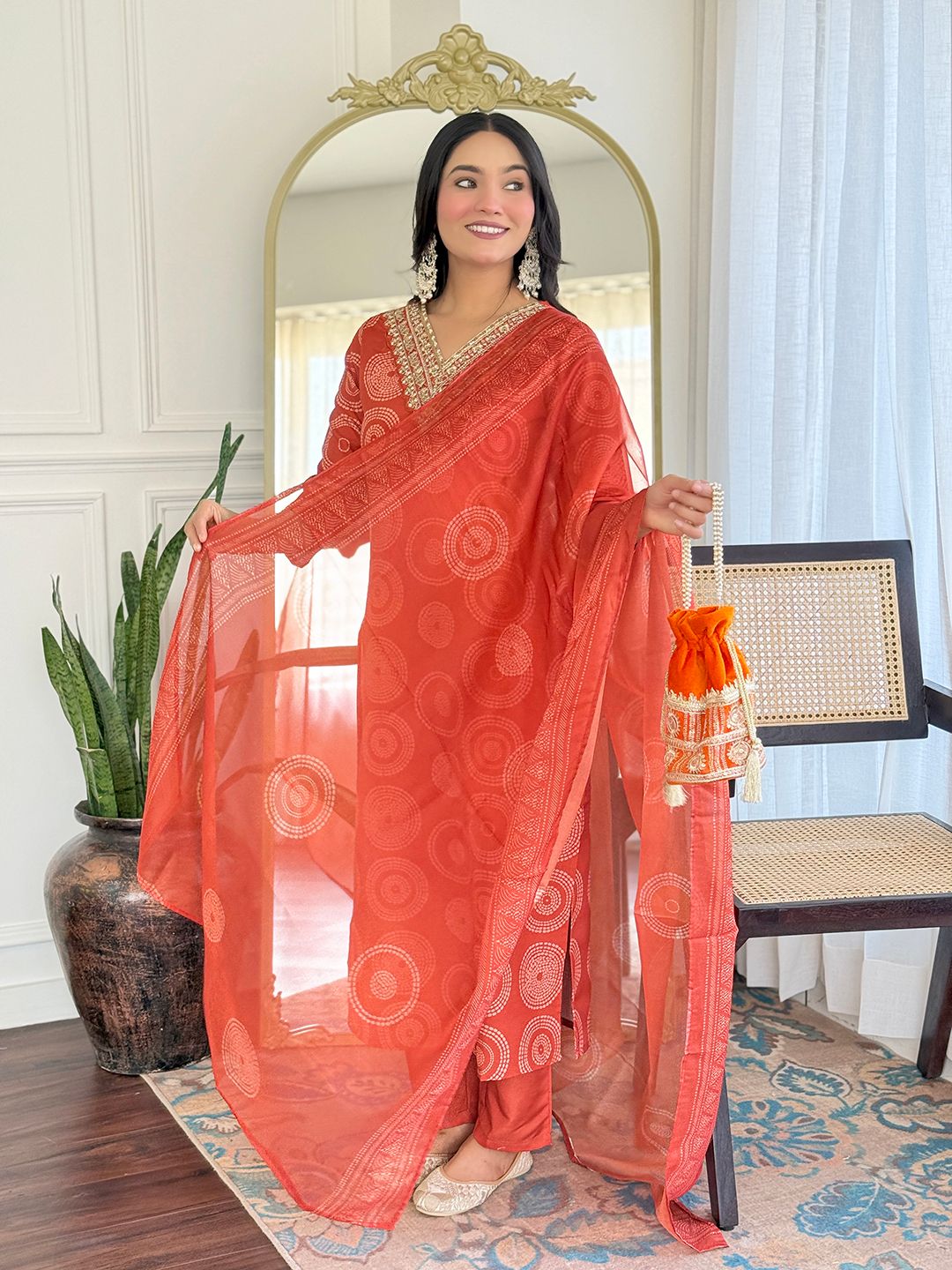 Rust Orange Embroidered Rayon Kurti Pant Dupatta