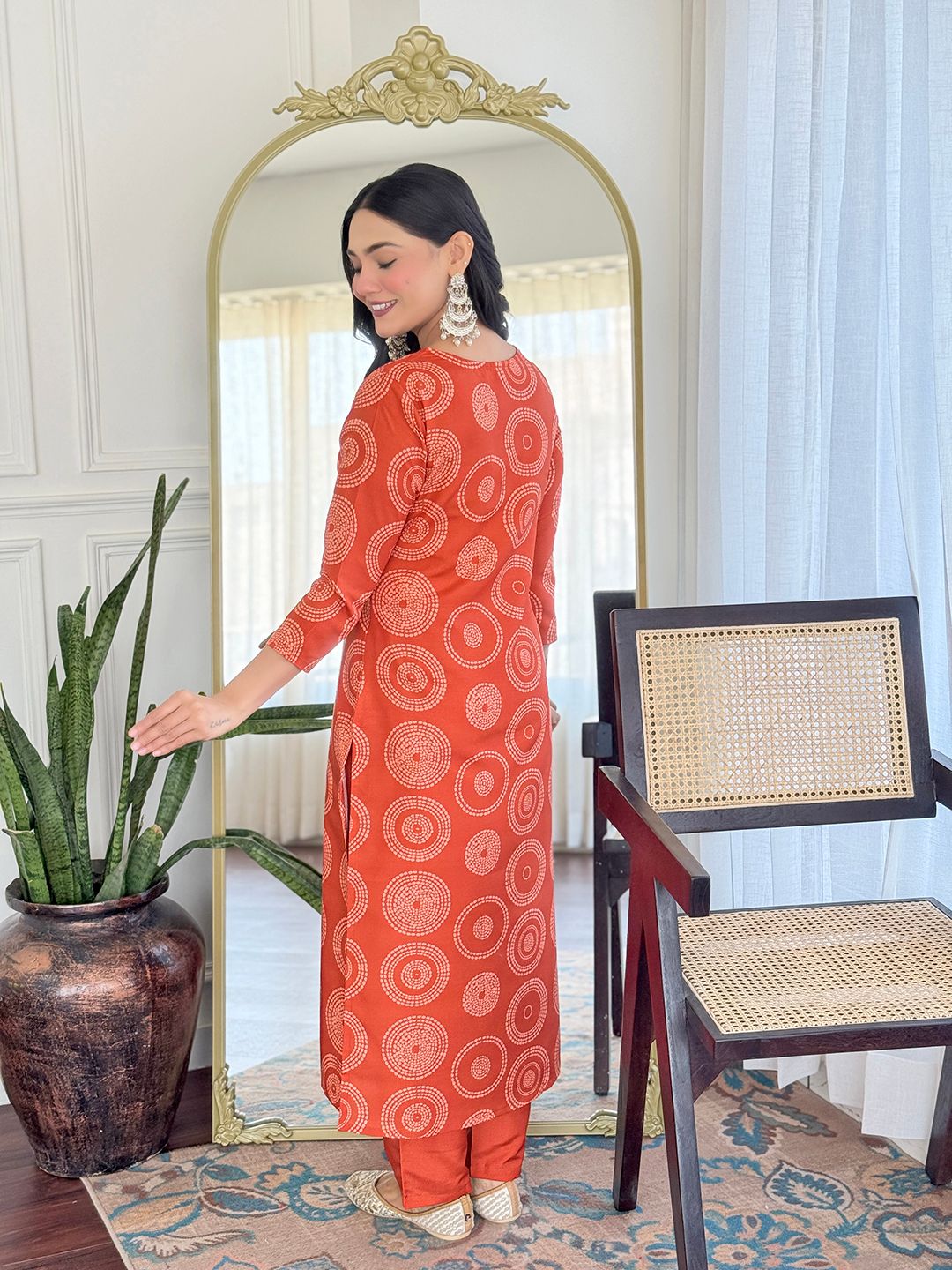 Rust Orange Embroidered Rayon Kurti Pant Dupatta