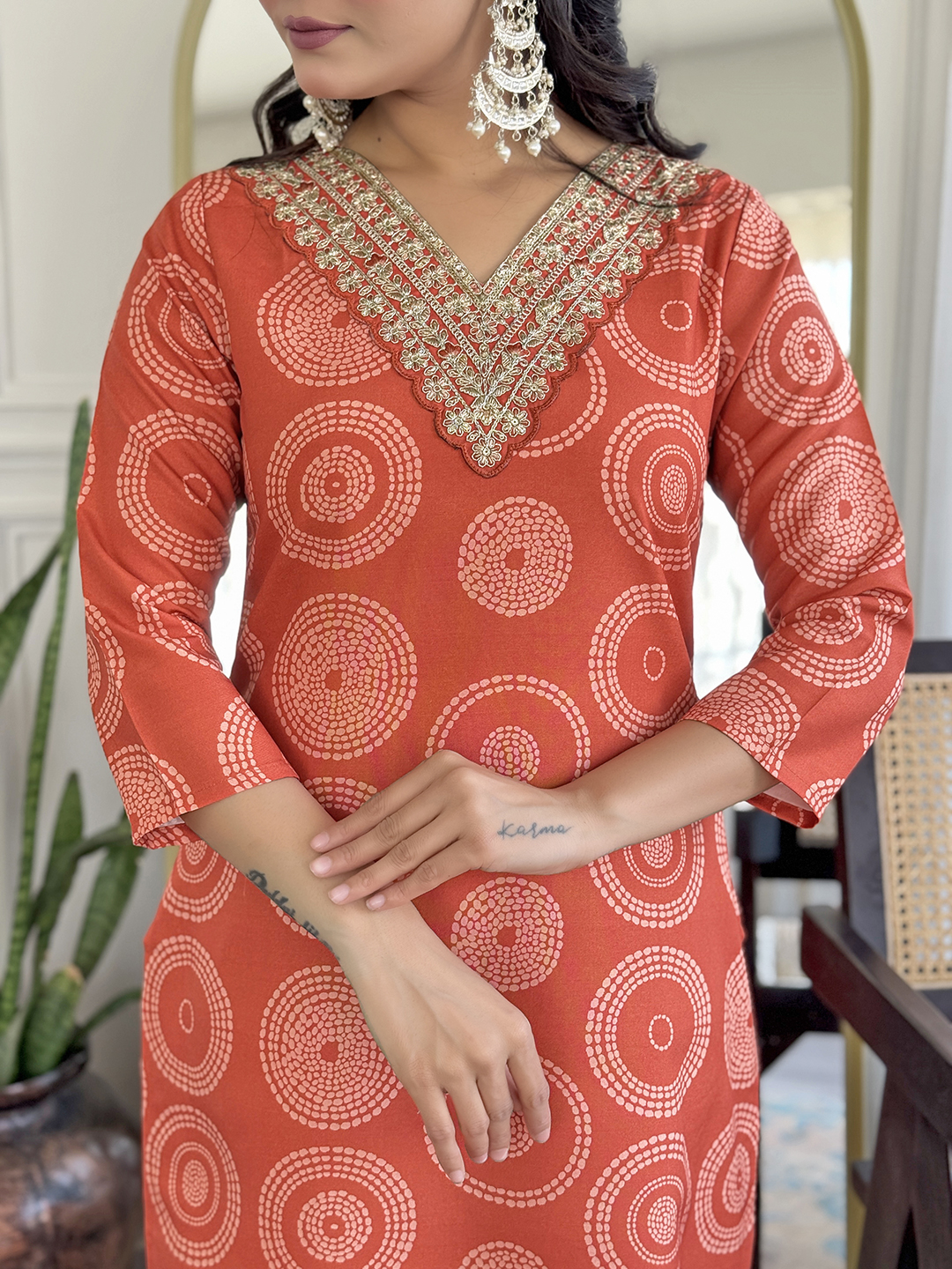 Rust Orange Embroidered Rayon Kurti Pant Dupatta