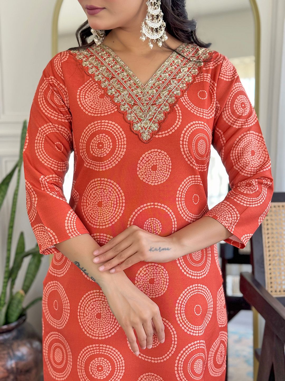 Rust Orange Embroidered Rayon Kurti Pant Dupatta