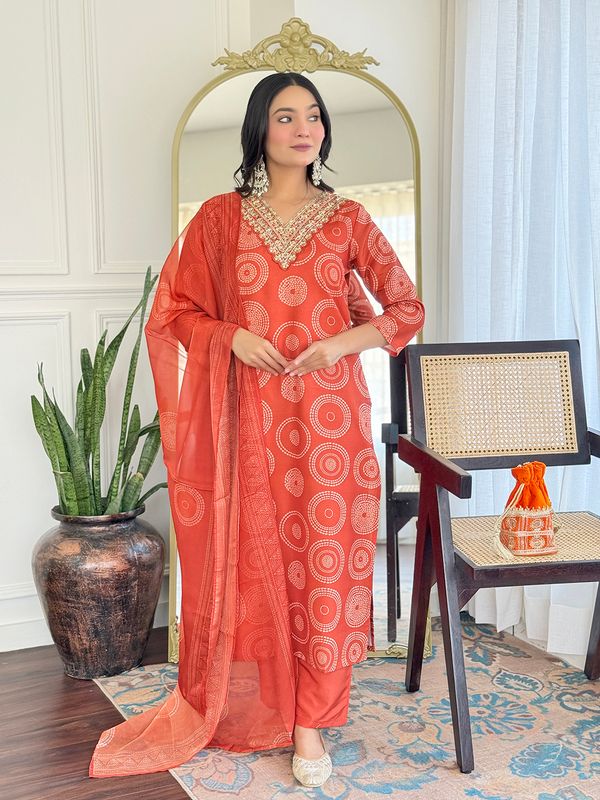 Rust Orange Embroidered Rayon Kurti Pant Dupatta