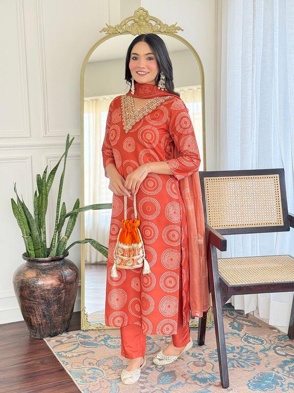 Rust Orange Embroidered Rayon Kurti Pant Dupatta