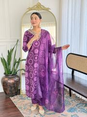 Purple Embroidered Rayon Kurti Pant Dupatta Set - Purple