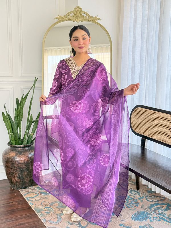 Purple Embroidered Rayon Kurti Pant Dupatta Set