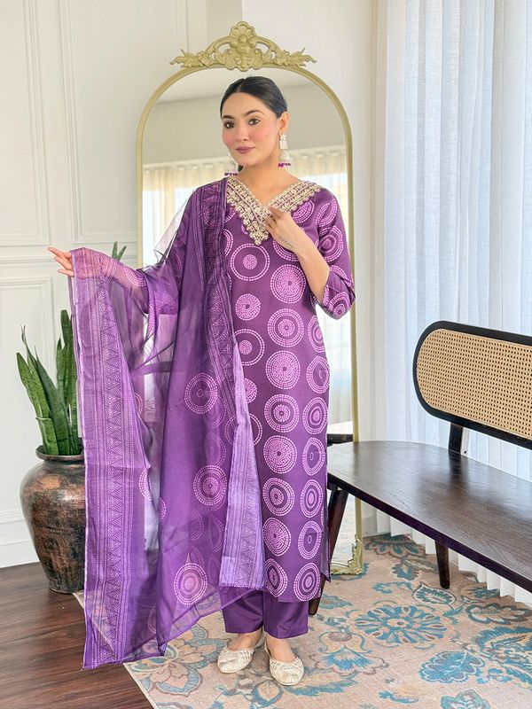 Purple Embroidered Rayon Kurti Pant Dupatta Set