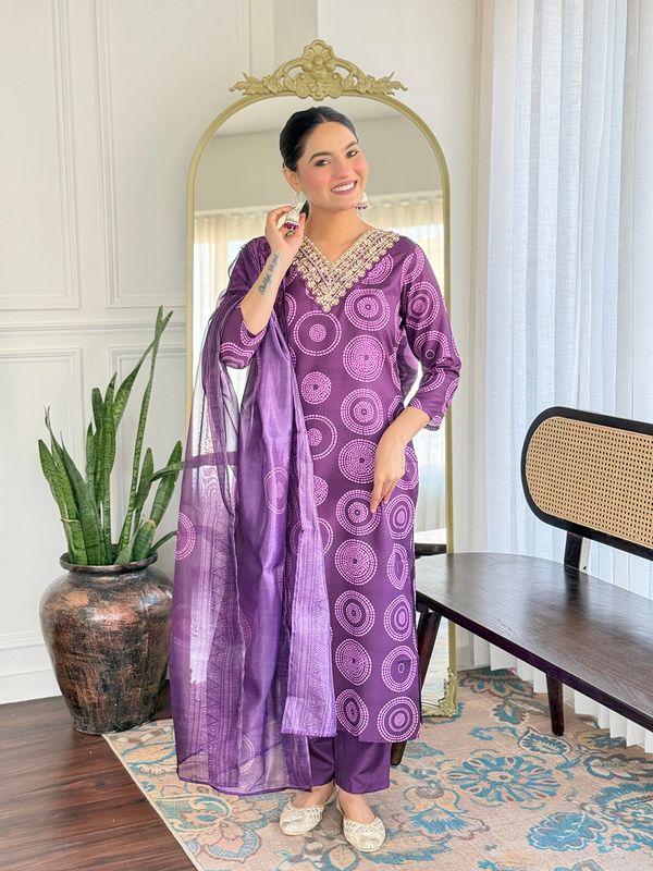 Purple Embroidered Rayon Kurti Pant Dupatta Set