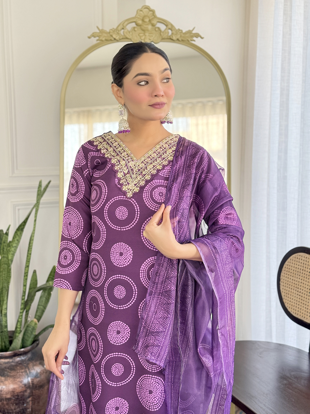 Purple Embroidered Rayon Kurti Pant Dupatta Set