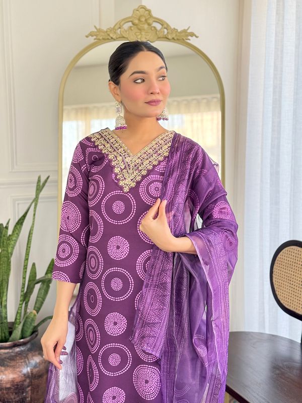 Purple Embroidered Rayon Kurti Pant Dupatta Set