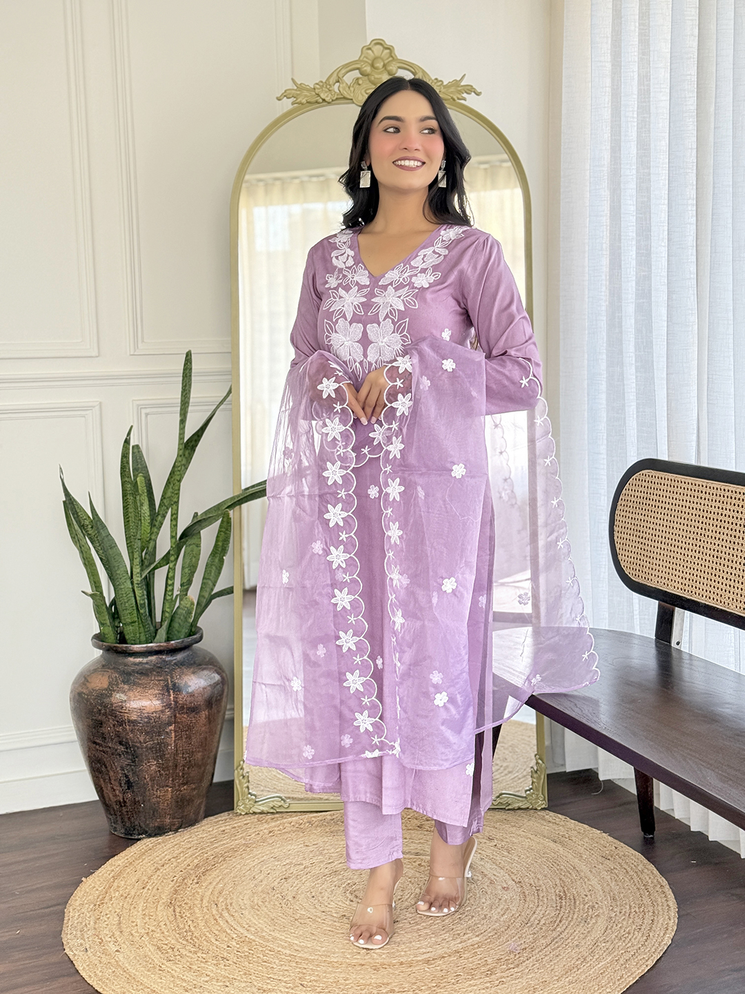 Lavender Embroidered Kurti Pant Dupatta Set Online