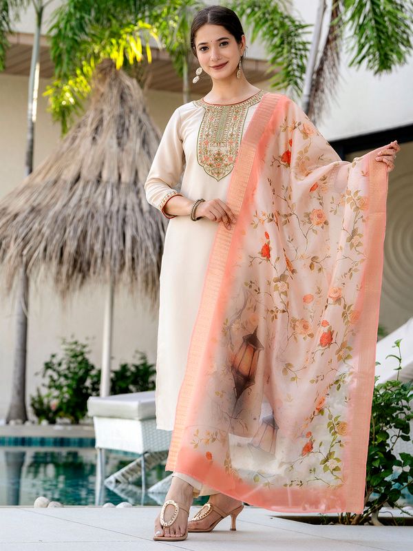 Chiku Embroidered Kurti Pant Dupatta Set Online