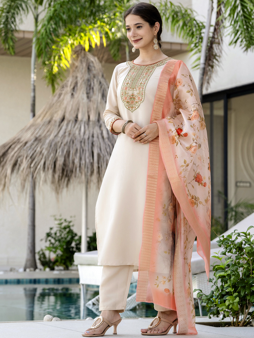 Chiku Embroidered Kurti Pant Dupatta Set Online