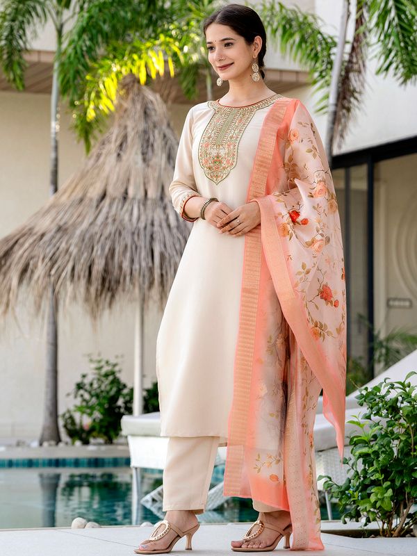 Chiku Embroidered Kurti Pant Dupatta Set Online