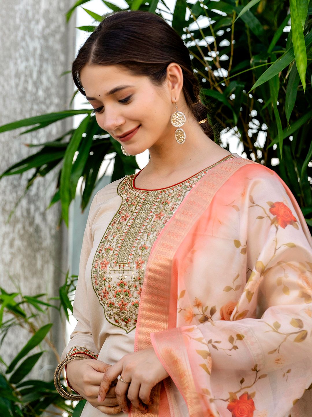 Chiku Embroidered Kurti Pant Dupatta Set Online