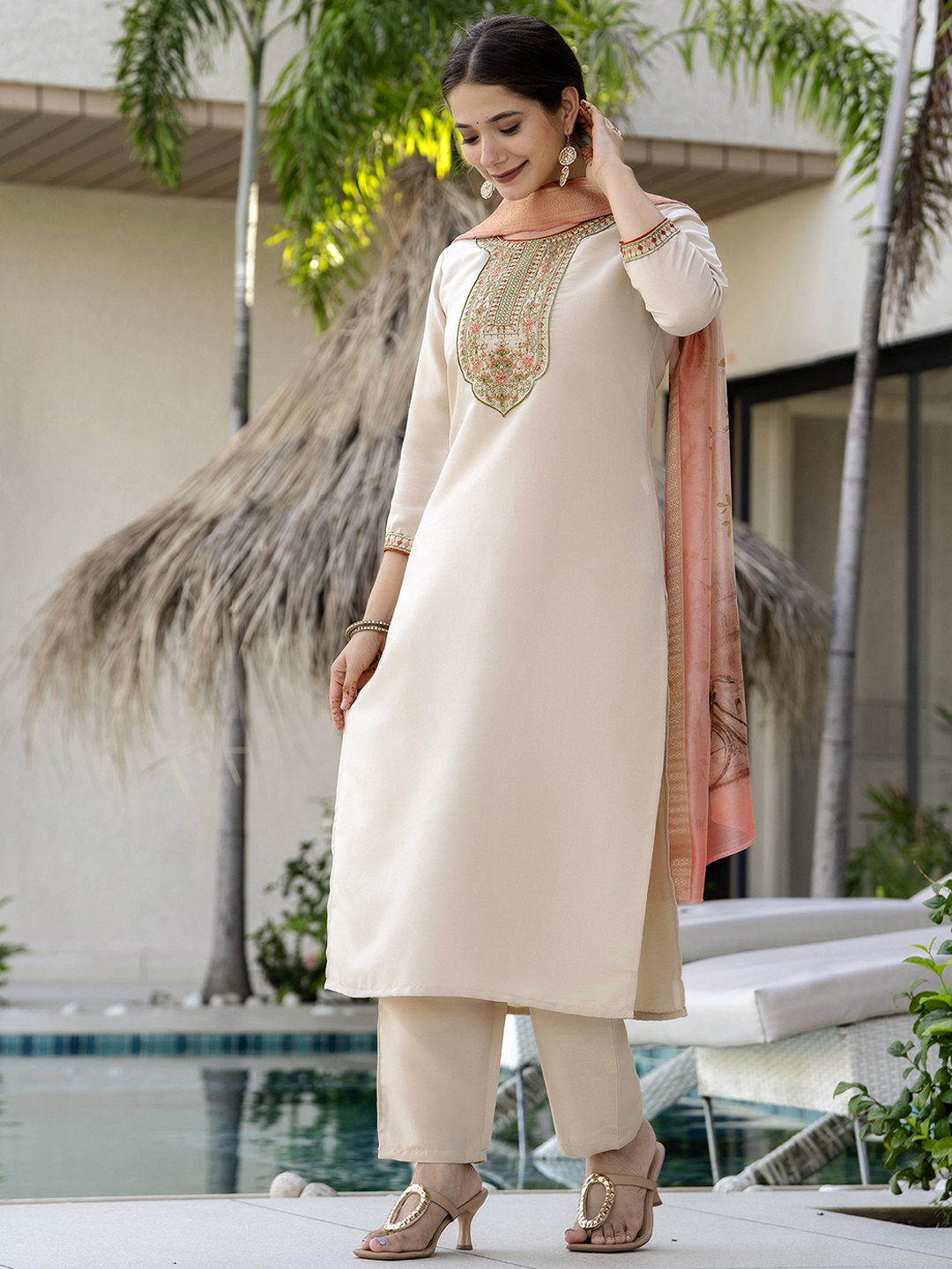 Chiku Embroidered Kurti Pant Dupatta Set Online